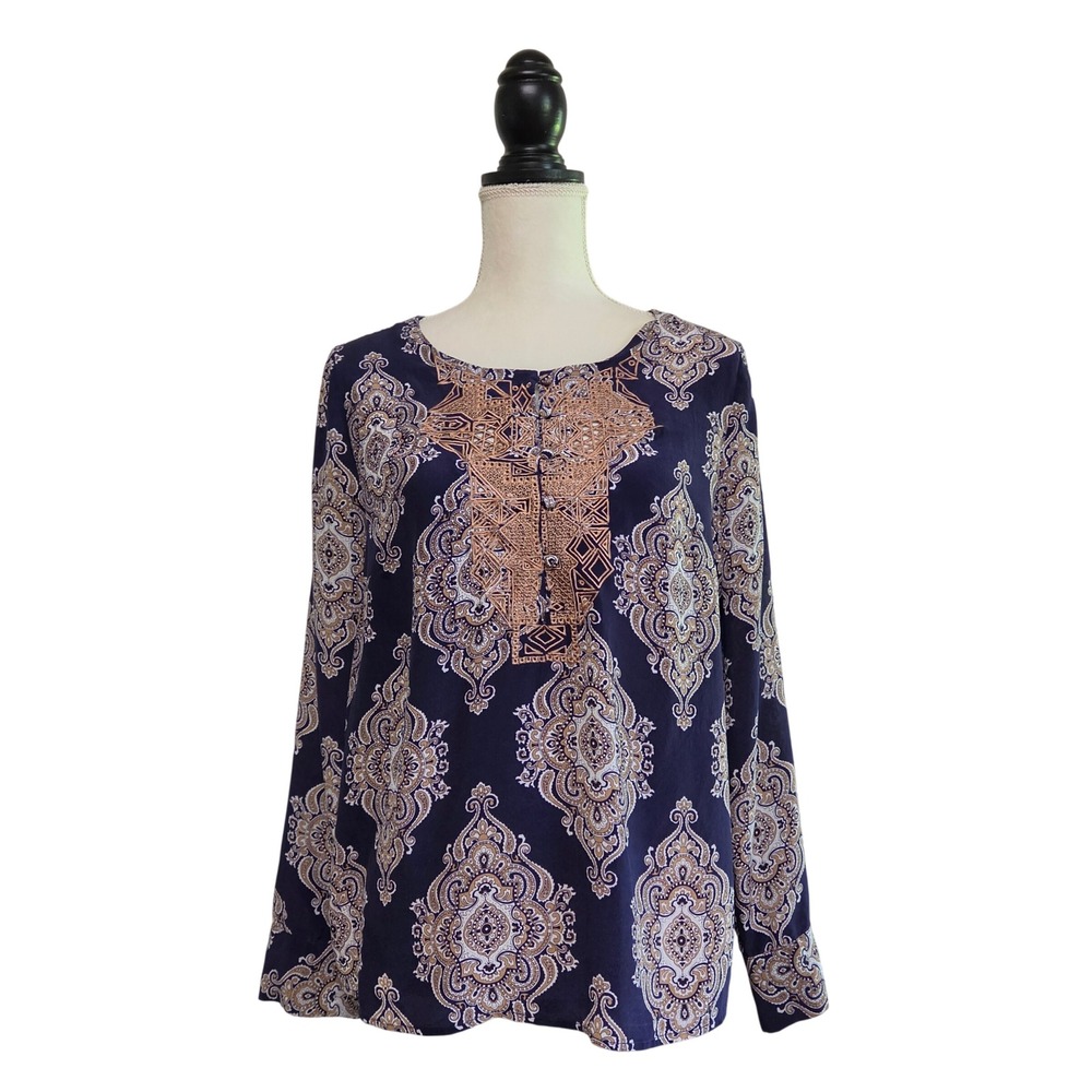 AKA New York Silk Chiffon Navy & Gold Paisley Embroidered Top Size L Boho Artsy